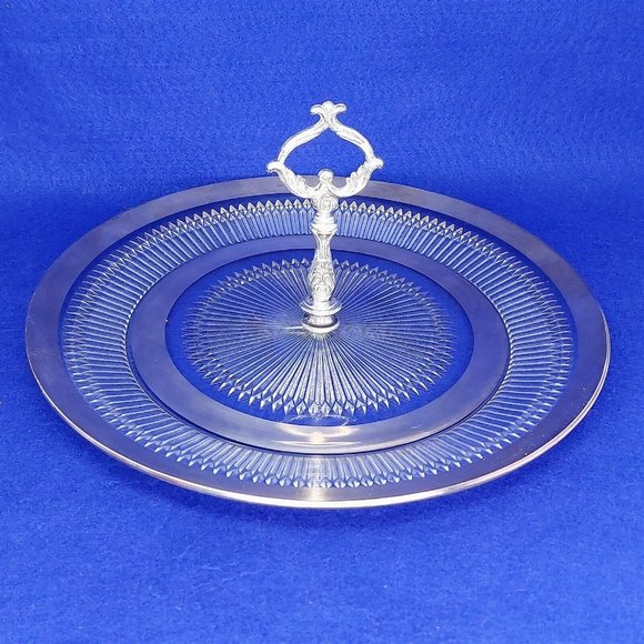 Serving Platter Glass with Silver Trim Ornate Silver Handle Vintage Glassware - Picture 1 of 11